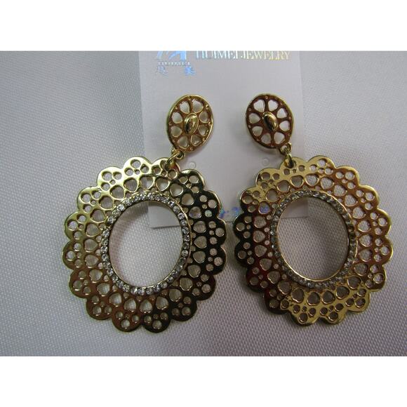 Huimei Gold Oval Inset Rhinestone Open Dangly Earrings Boho Stud Geometric - Picture 2 of 4